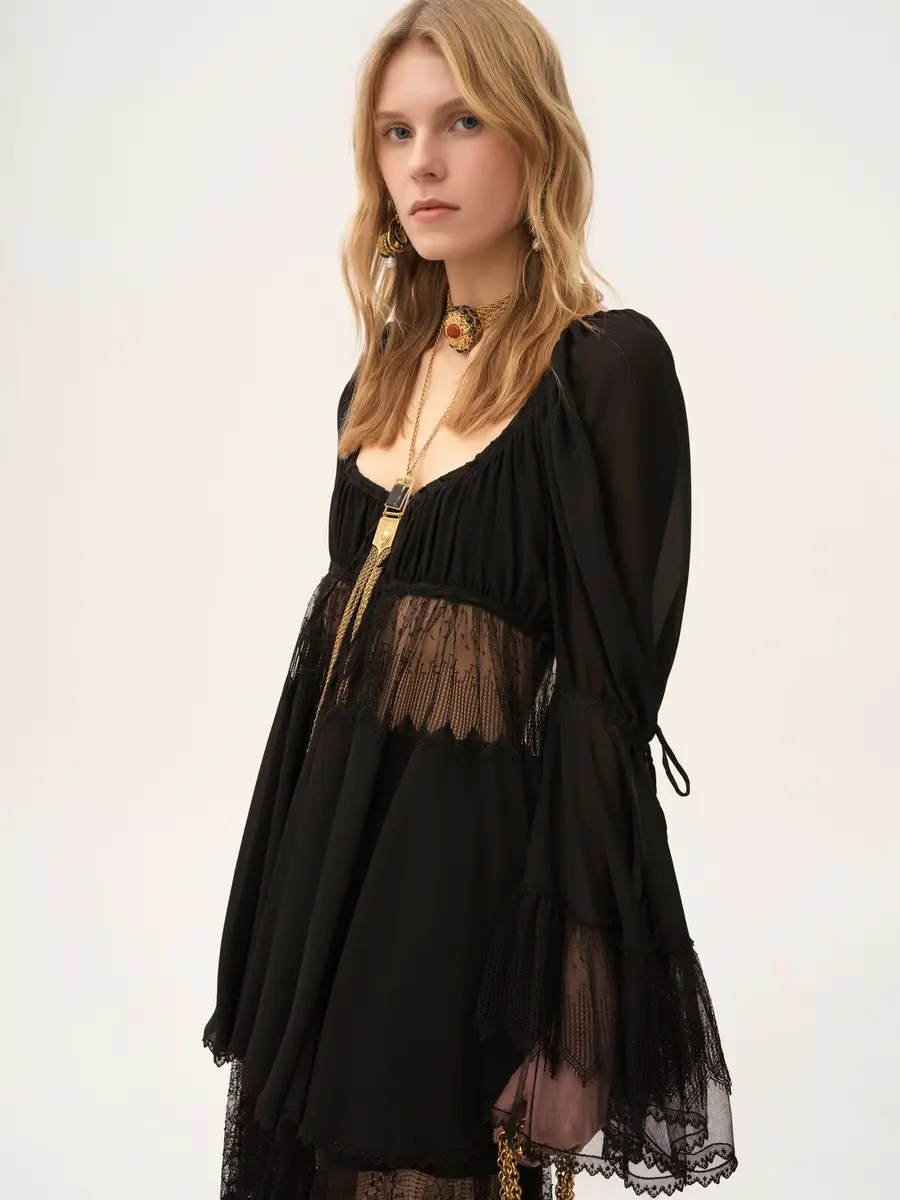 Chloé Scoop-neck puff-sleeve top in silk georgette & lace | Thumbnail 4 Chloé Scoop-neck puff-sleeve top in silk georgette & lace | Thumbnail 4