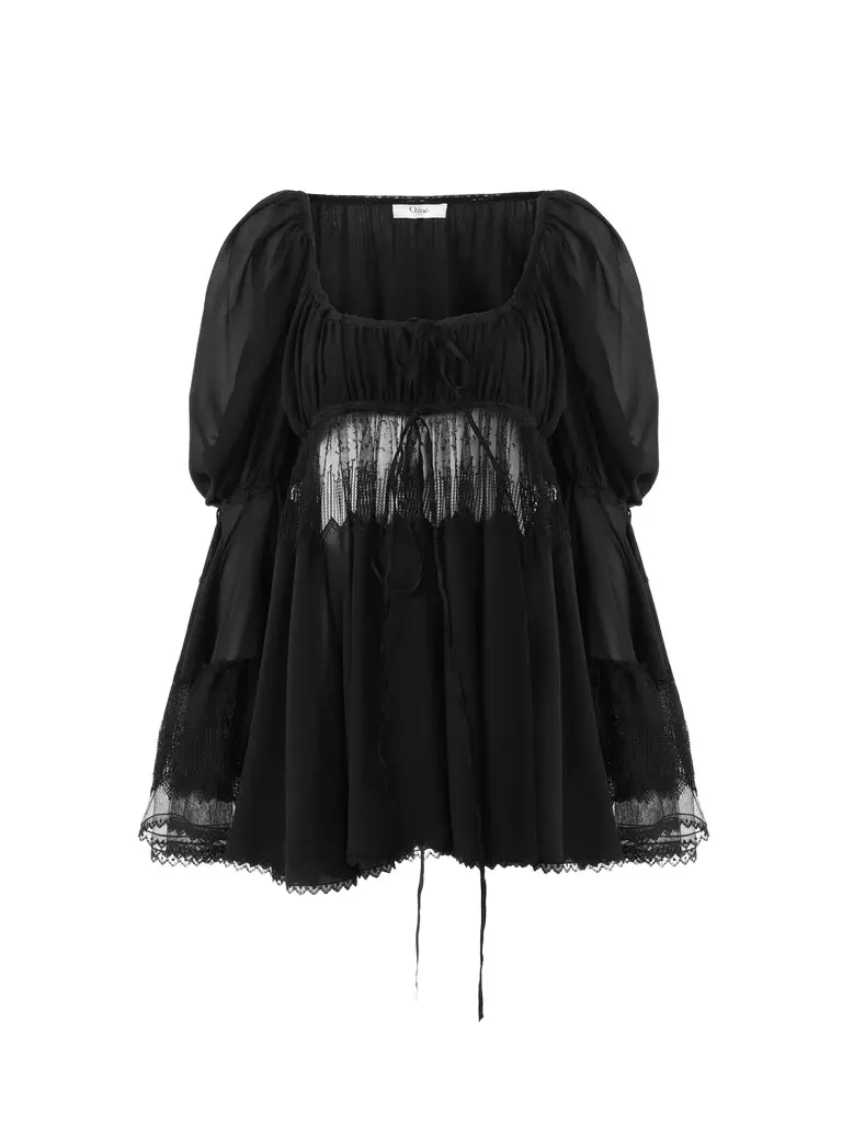 Chloé Scoop-neck puff-sleeve top in silk georgette & lace | Image 1 Chloé Scoop-neck puff-sleeve top in silk georgette & lace | Image 1