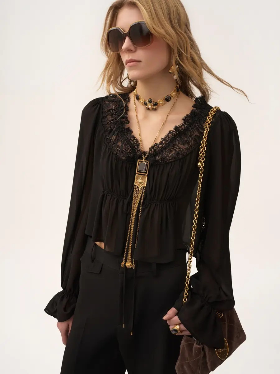 Chloé Scoop-neck cropped top in silk georgette & lace | Thumbnail 4 Chloé Scoop-neck cropped top in silk georgette & lace | Thumbnail 4