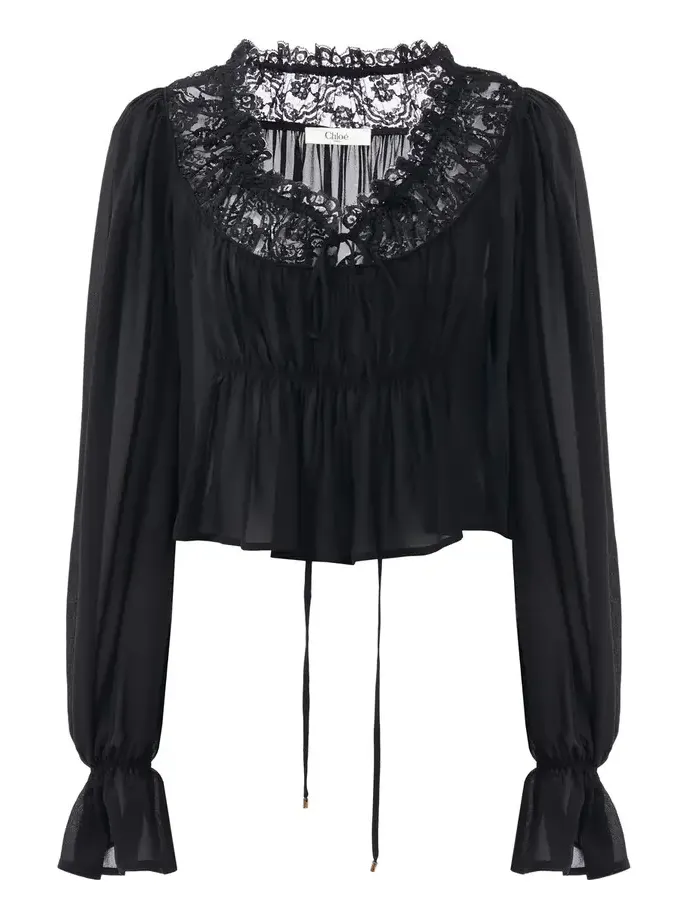 Chloé Scoop-neck cropped top in silk georgette & lace