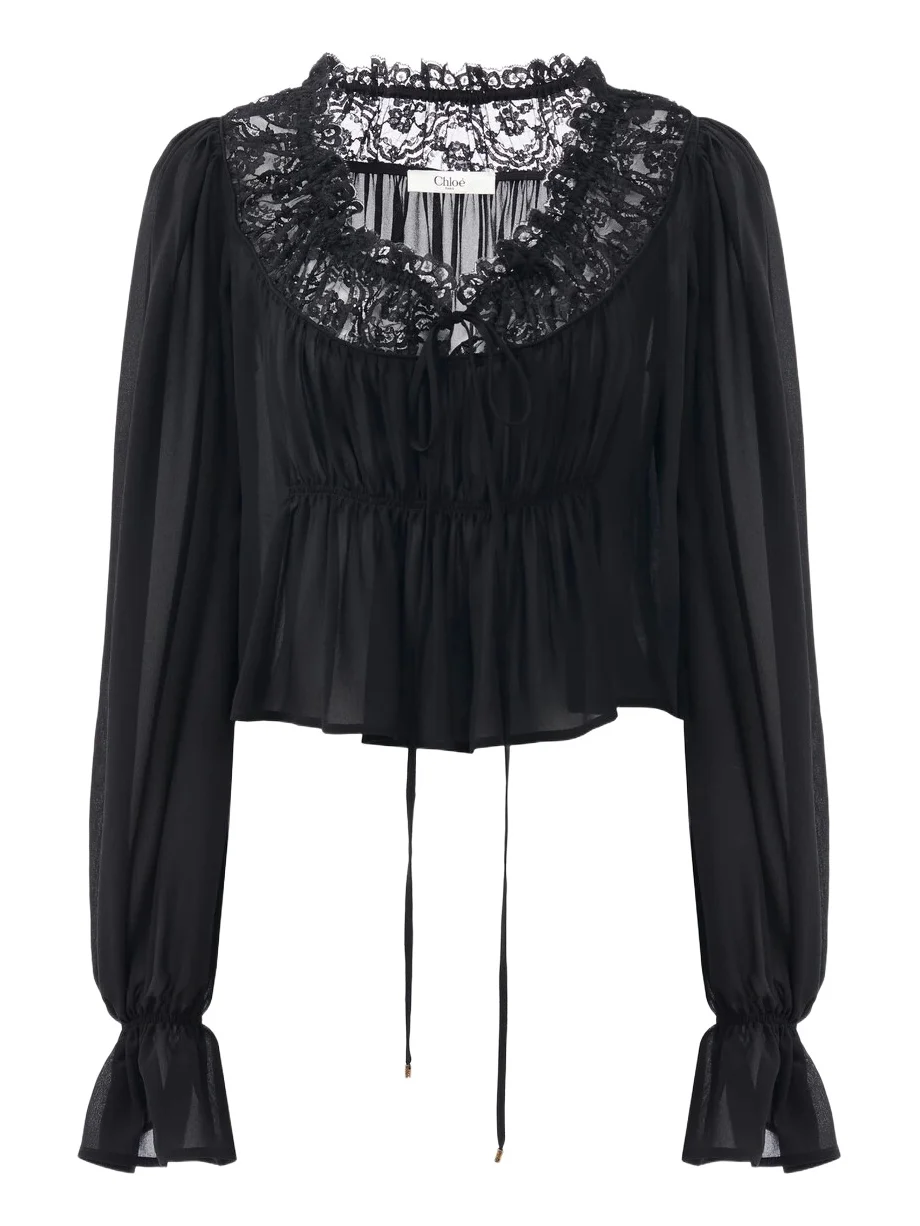 Scoop-neck cropped top in silk georgette & lace Scoop-neck cropped top in silk georgette & lace