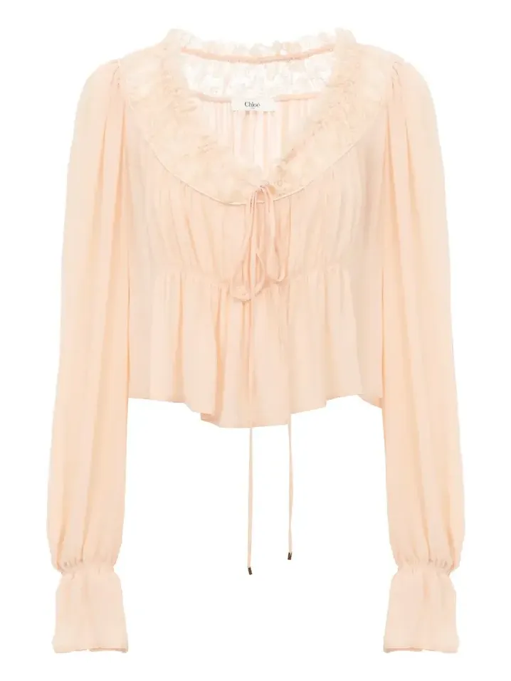 Chloé Scoop-neck cropped top in silk georgette & lace