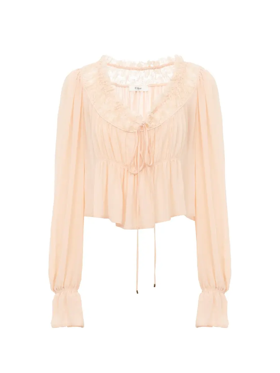 Chloé Scoop-neck cropped top in silk georgette & lace | Image 1 Chloé Scoop-neck cropped top in silk georgette & lace | Image 1