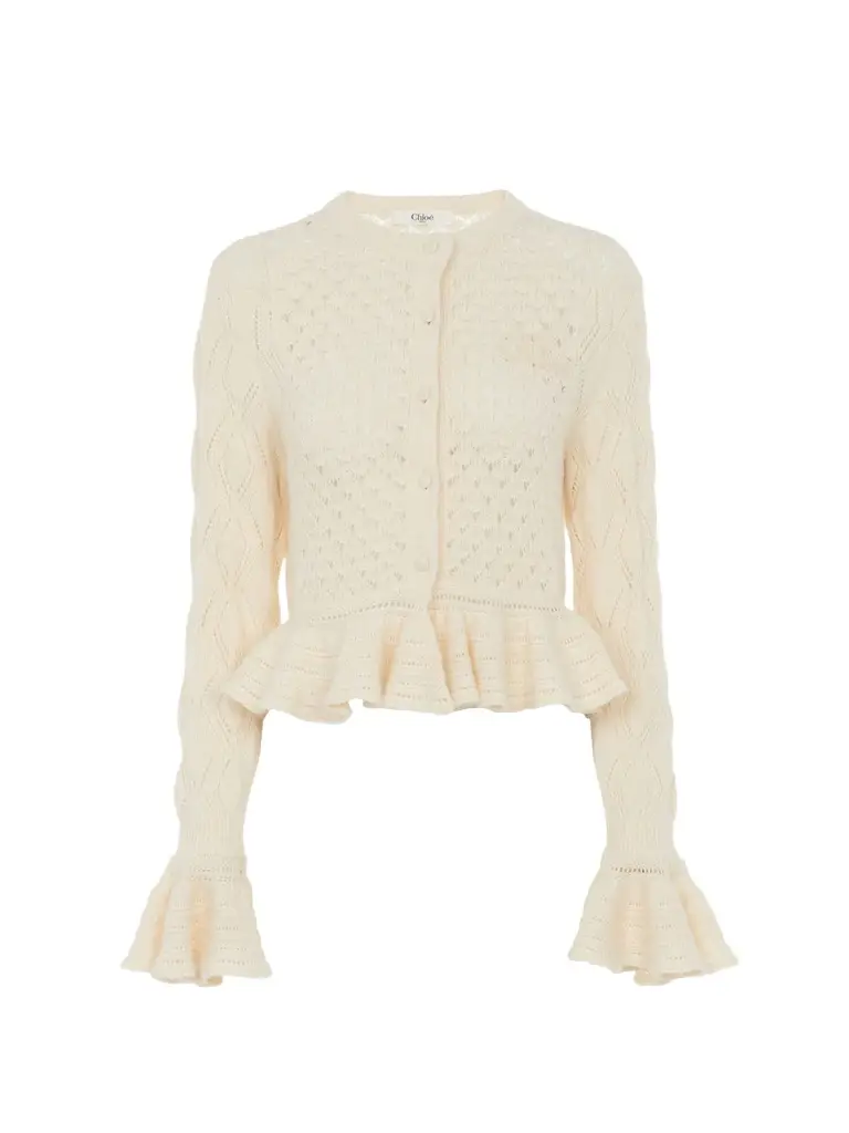 Chloé Ruffled logo cardigan in a silk, alpaca & cotton knit | Image 1 Chloé Ruffled logo cardigan in a silk, alpaca & cotton knit | Image 1