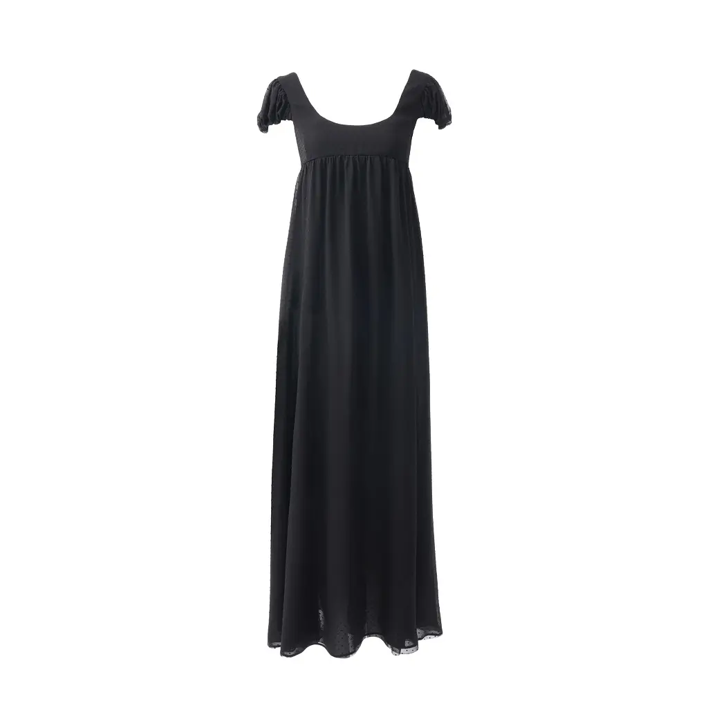 Puff-sleeve long dress in silk plumetis