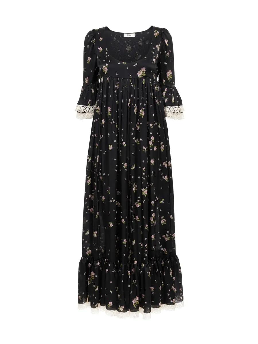 Chloé Scoop-neck midi dress in silk charmeuse & lace | Image 1 Chloé Scoop-neck midi dress in silk charmeuse & lace | Image 1