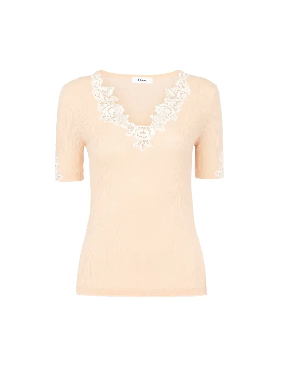 Chloé Fitted short-sleeve top in guipure lace wool knit | Thumbnail 2 Chloé Fitted short-sleeve top in guipure lace wool knit | Thumbnail 2