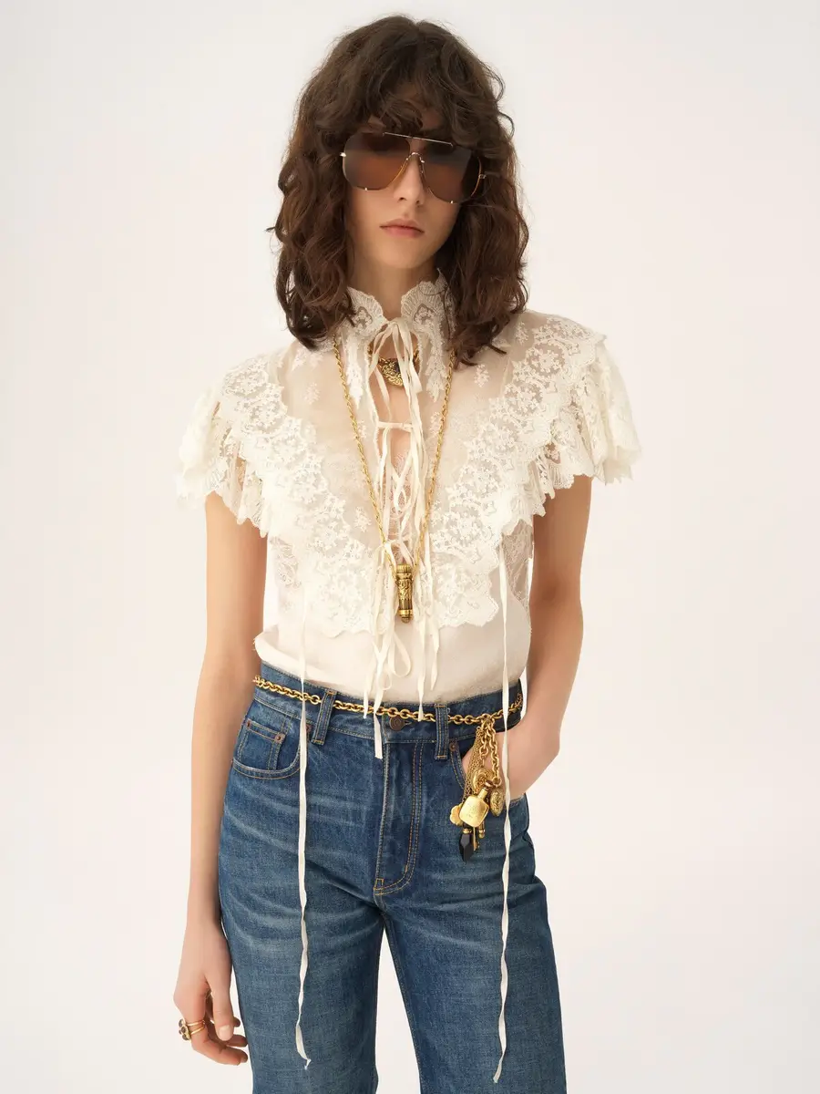 Chloé High-neck cropped top in cotton tulle & lace | Thumbnail 4