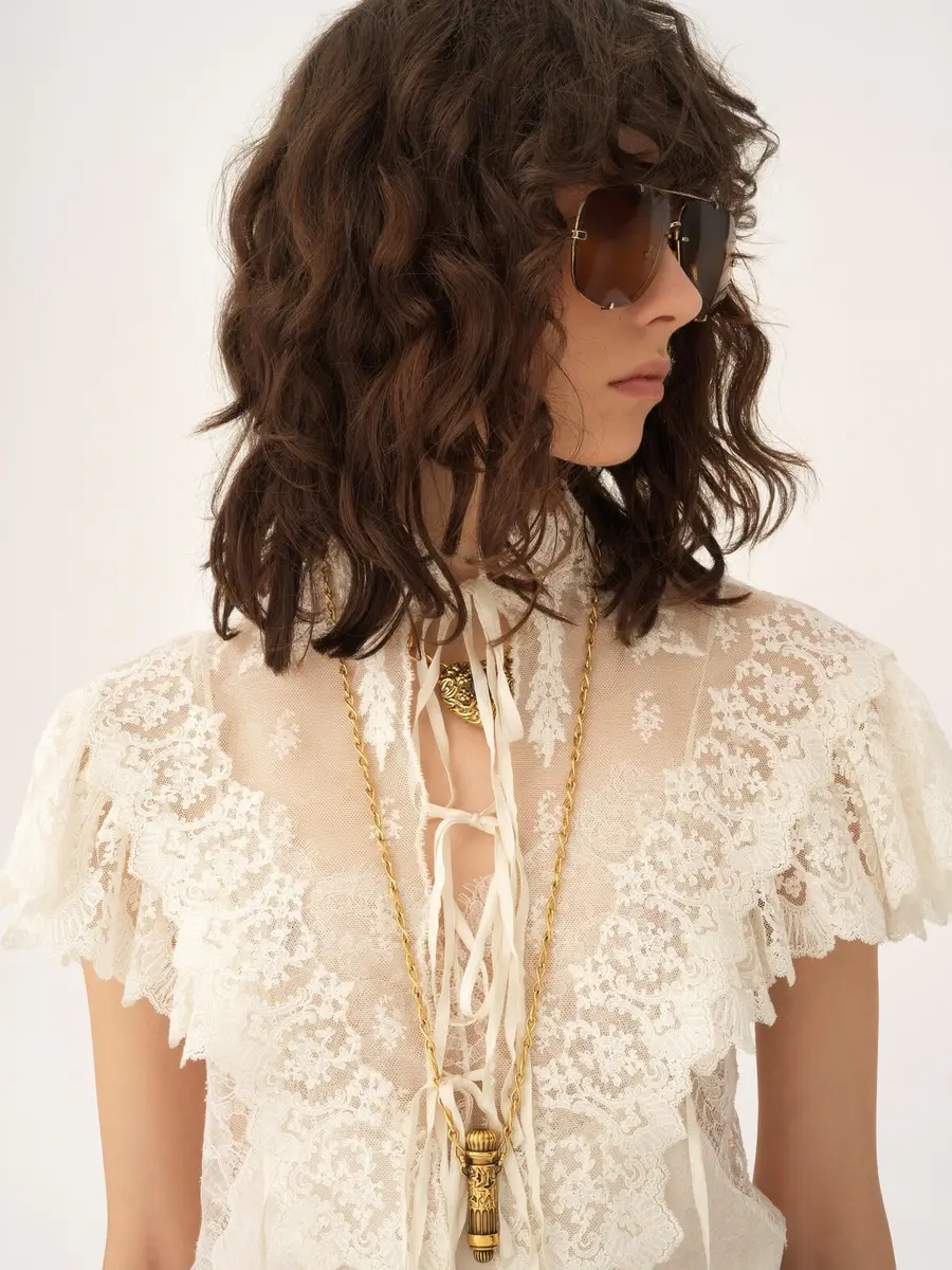 Chloé High-neck cropped top in cotton tulle & lace | Thumbnail 5