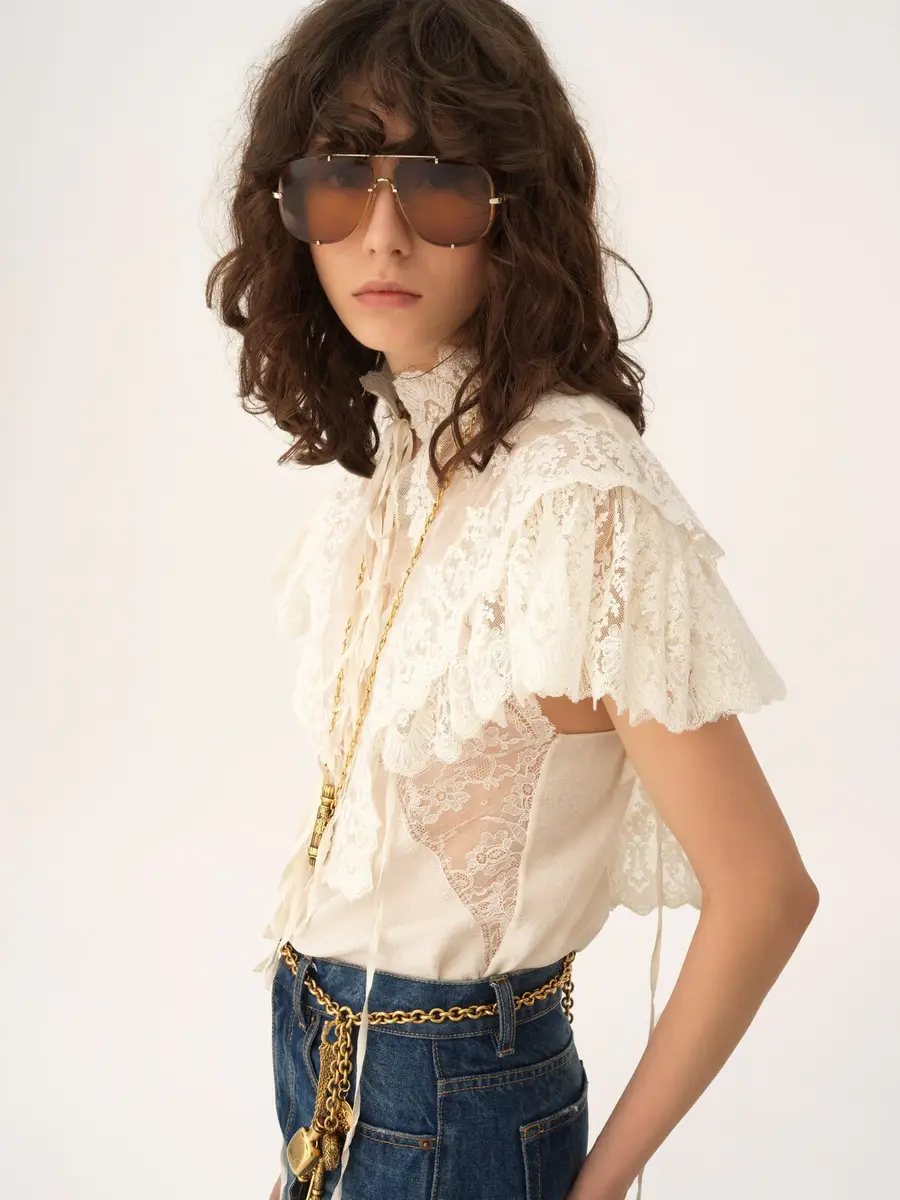 Chloé High-neck cropped top in cotton tulle & lace | Thumbnail 7