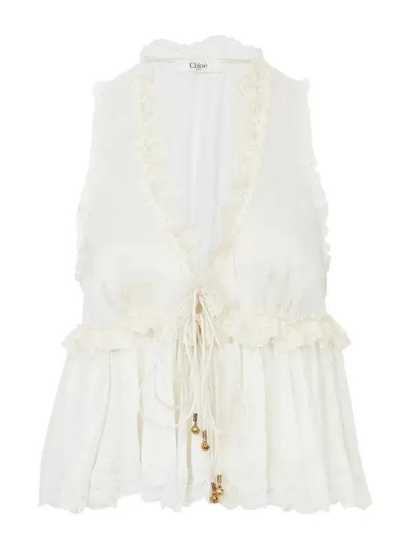 Tie-front sleeveless top in washed silk satin & lace