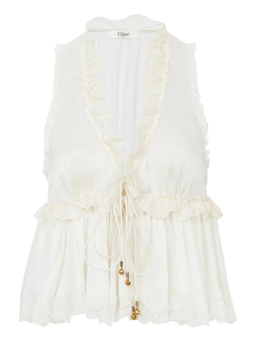 Chloé Tie-front sleeveless top in washed silk satin & lace