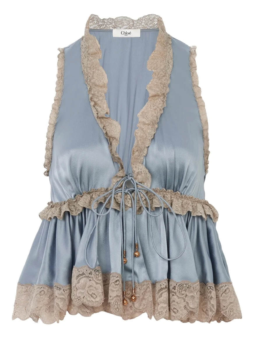 Chloé Tie-front sleeveless top in washed silk satin & lace