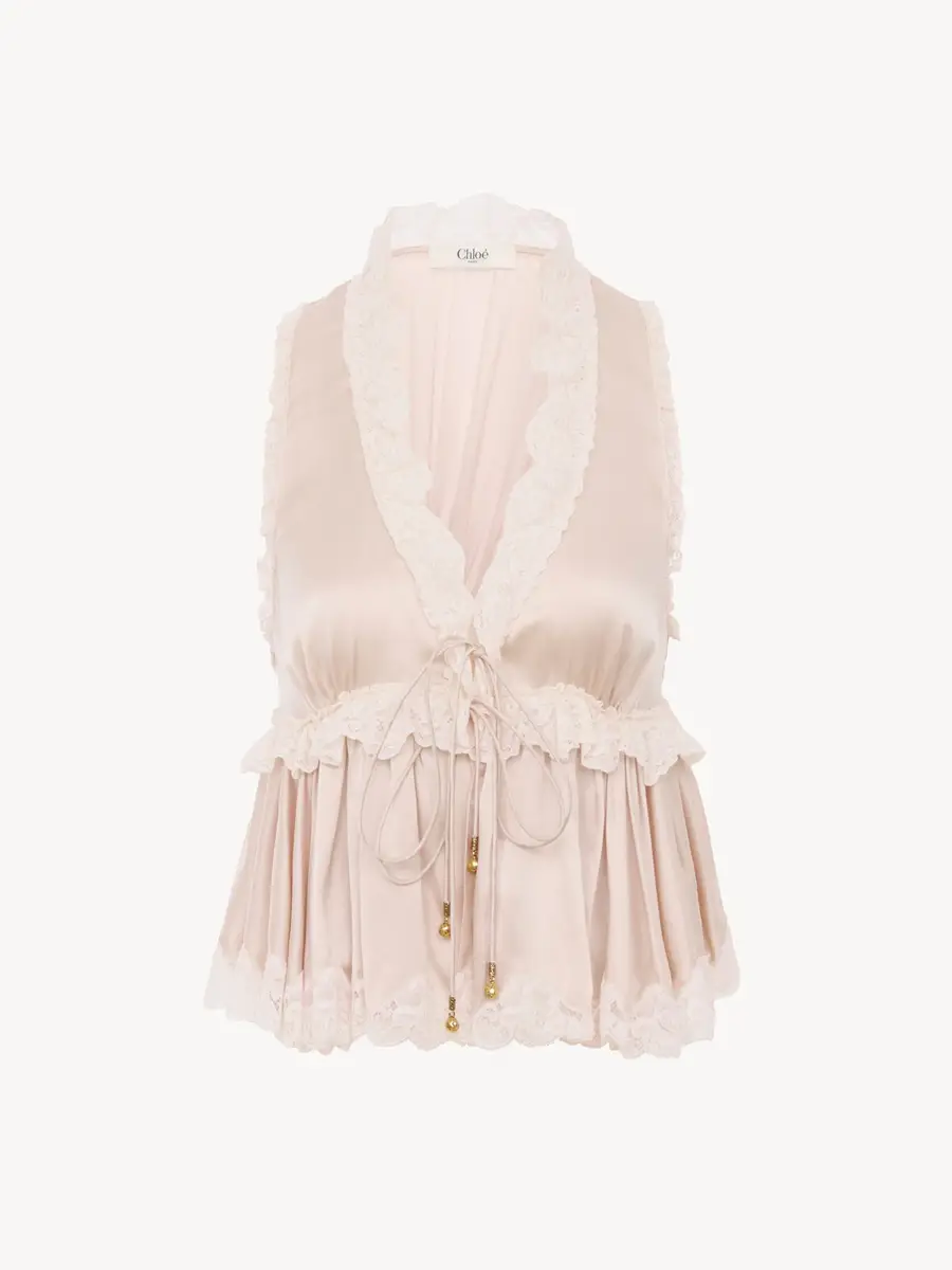 Chloé Tie-front sleeveless top in washed silk satin & lace | Thumbnail 2 Chloé Tie-front sleeveless top in washed silk satin & lace | Thumbnail 2