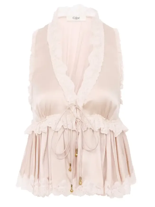 Tie-front sleeveless top in washed silk satin & lace Tie-front sleeveless top in washed silk satin & lace