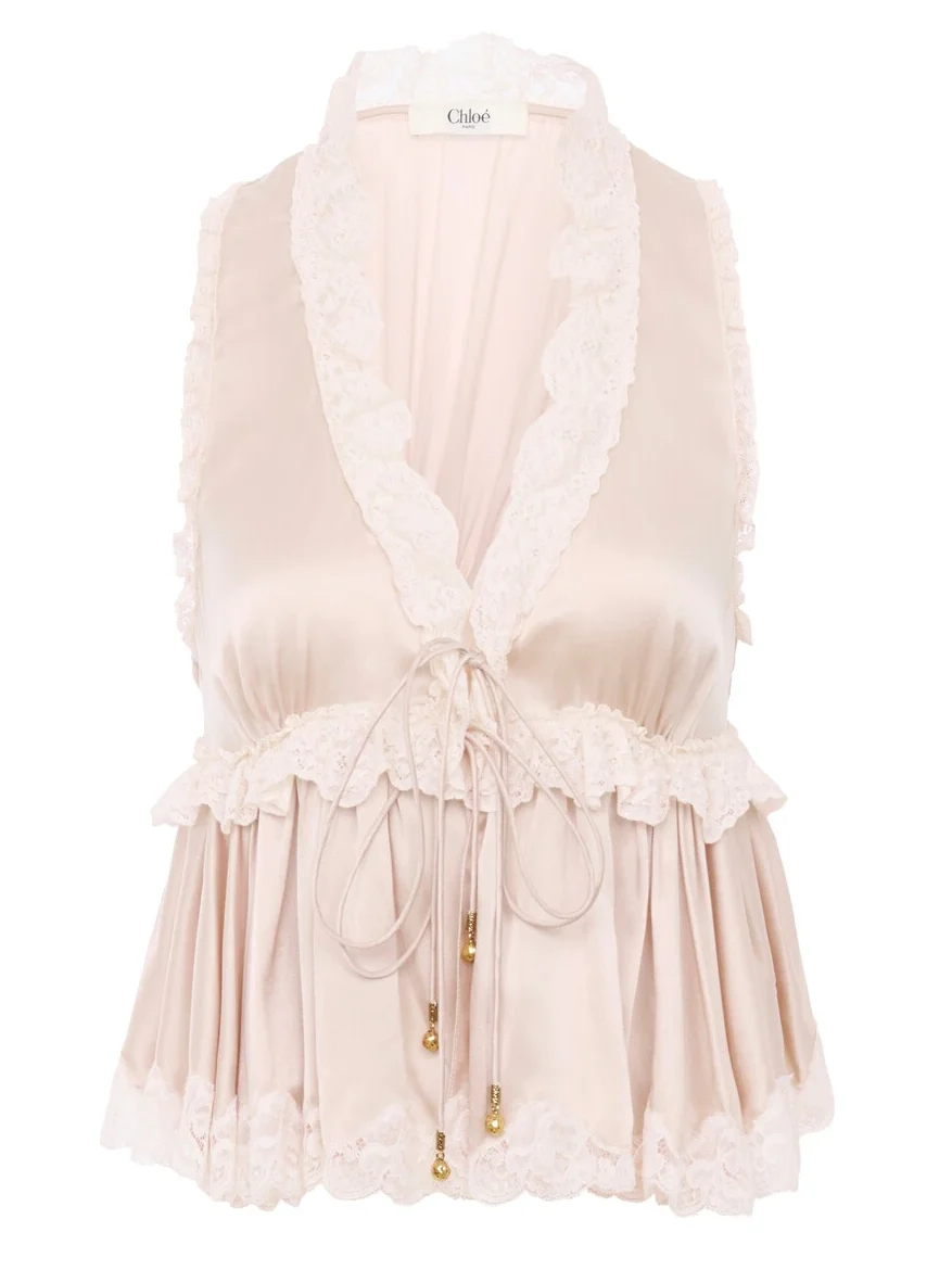 Tie-front sleeveless top in washed silk satin & lace Tie-front sleeveless top in washed silk satin & lace
