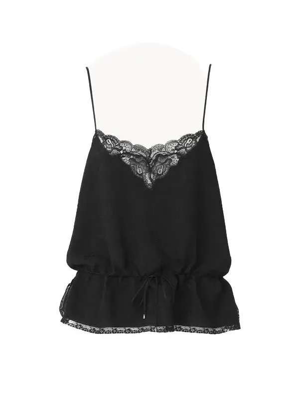 Drawstring camisole top in silk jacquard & lace Drawstring camisole top in silk jacquard & lace