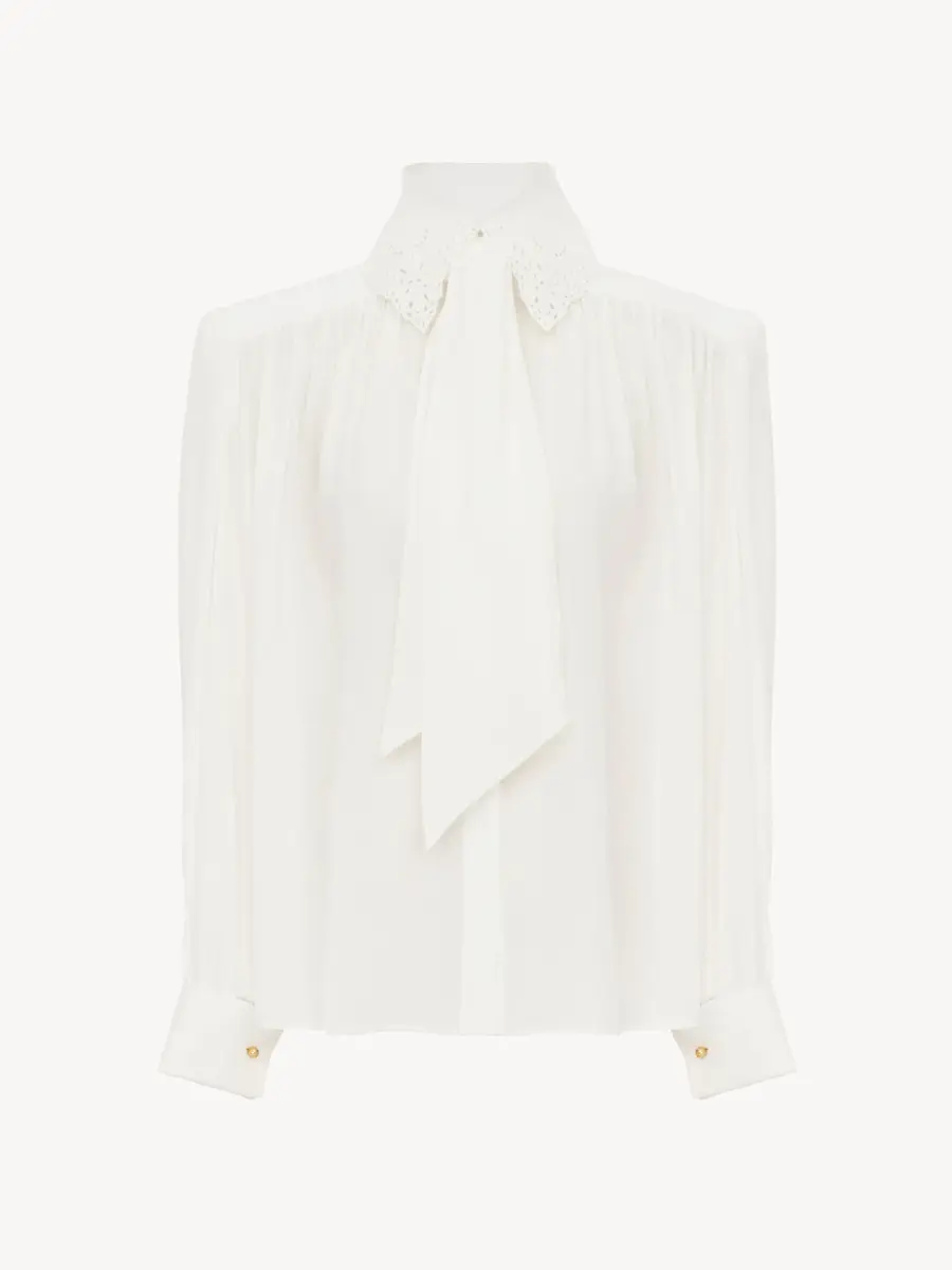 Chloé Gathered scarf-tie blouse in crêpe de chine & lace | Thumbnail 2 Chloé Gathered scarf-tie blouse in crêpe de chine & lace | Thumbnail 2