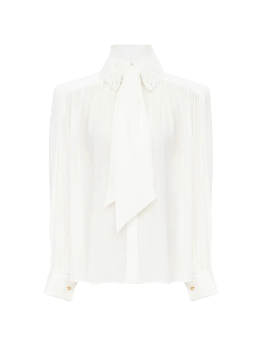 Chloé Gathered scarf-tie blouse in crêpe de chine & lace | Image 1 Chloé Gathered scarf-tie blouse in crêpe de chine & lace | Image 1