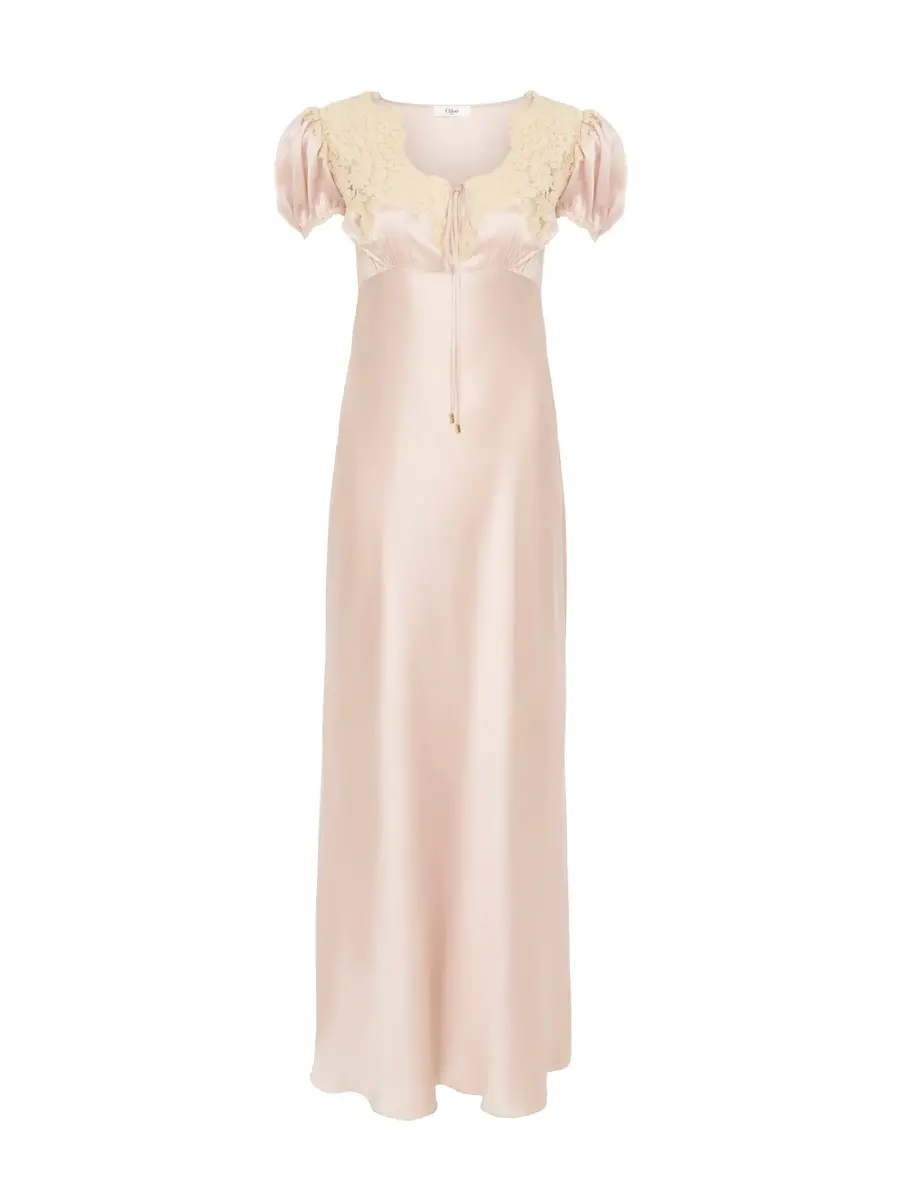 Chloé Puff-sleeve column dress in washed silk satin & lace | Image 1 Chloé Puff-sleeve column dress in washed silk satin & lace | Image 1