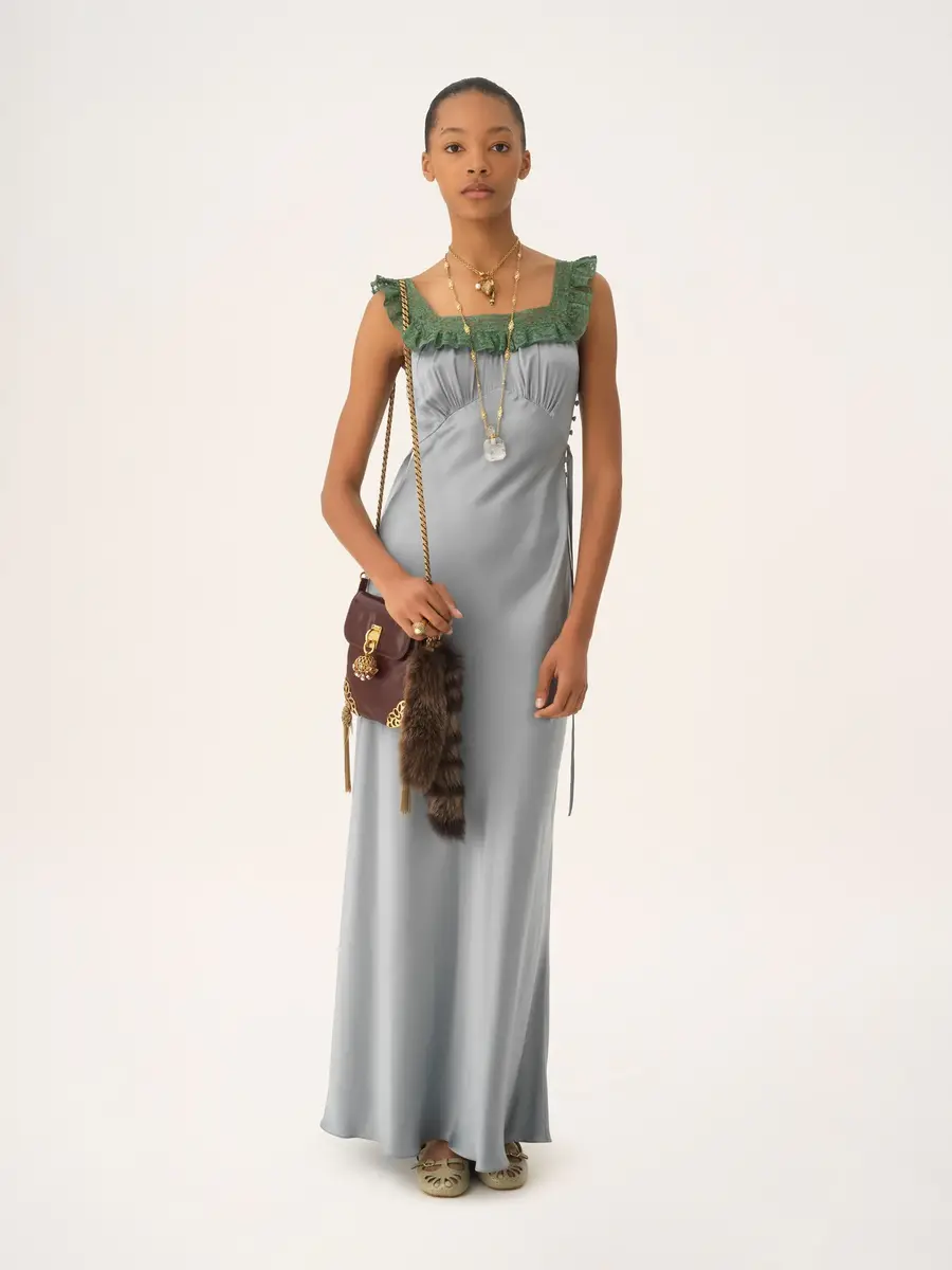 Chloé Sleeveless column dress in washed silk satin & lace | Thumbnail 3 Chloé Sleeveless column dress in washed silk satin & lace | Thumbnail 3
