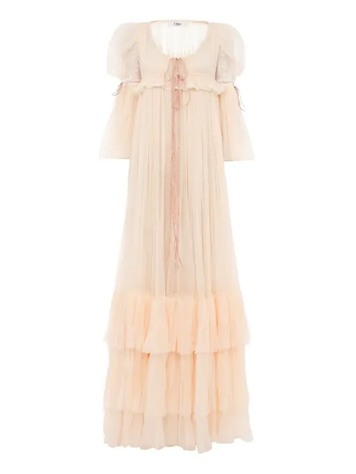 Oversized long ruffled dress in silk mousseline & lace Oversized long ruffled dress in silk mousseline & lace