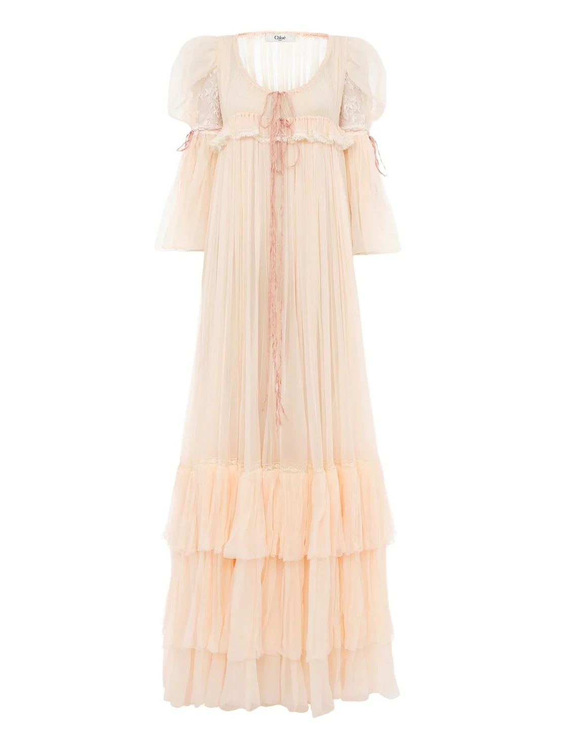 Oversized long ruffled dress in silk mousseline & lace