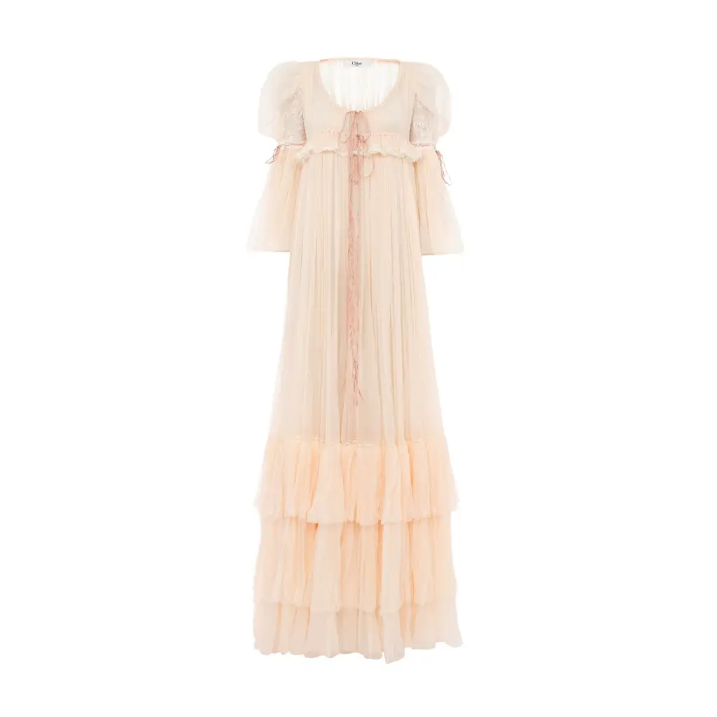 Chloé Oversized long ruffled dress in silk mousseline & lace | Image 1 Chloé Oversized long ruffled dress in silk mousseline & lace | Image 1
