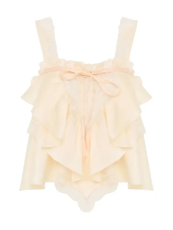 Sleeveless ruffle top in washed silk satin & lace