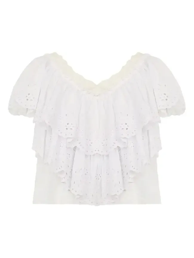 Cropped V-neck ruffle top in cotton voile & lace