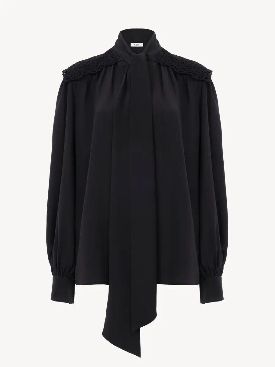 Chloé Gathered scarf-tie blouse in crêpe de chine & lace | Thumbnail 2 Chloé Gathered scarf-tie blouse in crêpe de chine & lace | Thumbnail 2