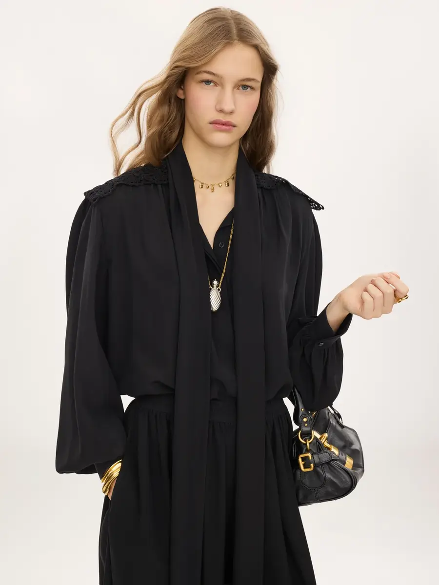Chloé Gathered scarf-tie blouse in crêpe de chine & lace | Thumbnail 4 Chloé Gathered scarf-tie blouse in crêpe de chine & lace | Thumbnail 4