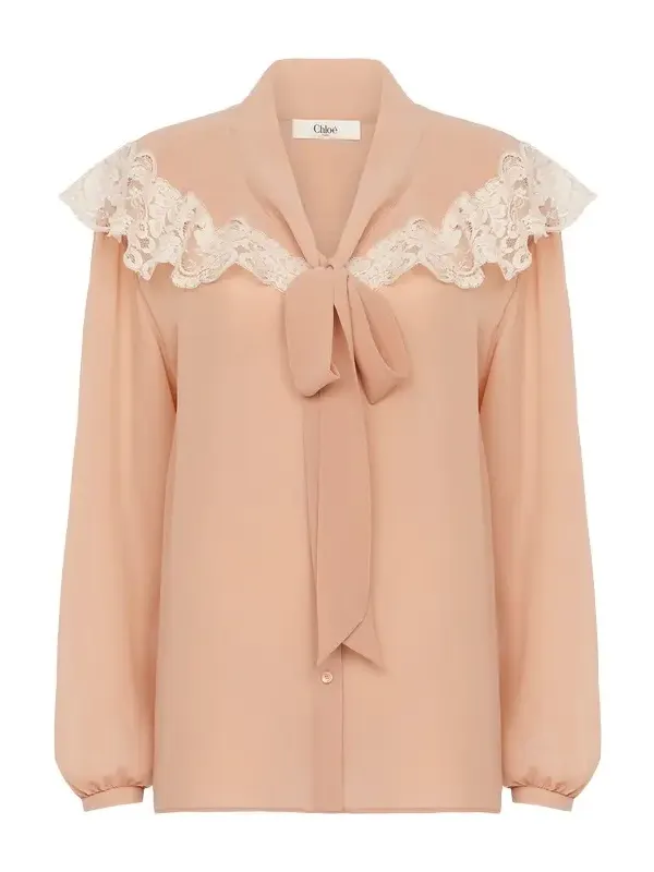 Tie-front gathered blouse in silk georgette & lace Tie-front gathered blouse in silk georgette & lace