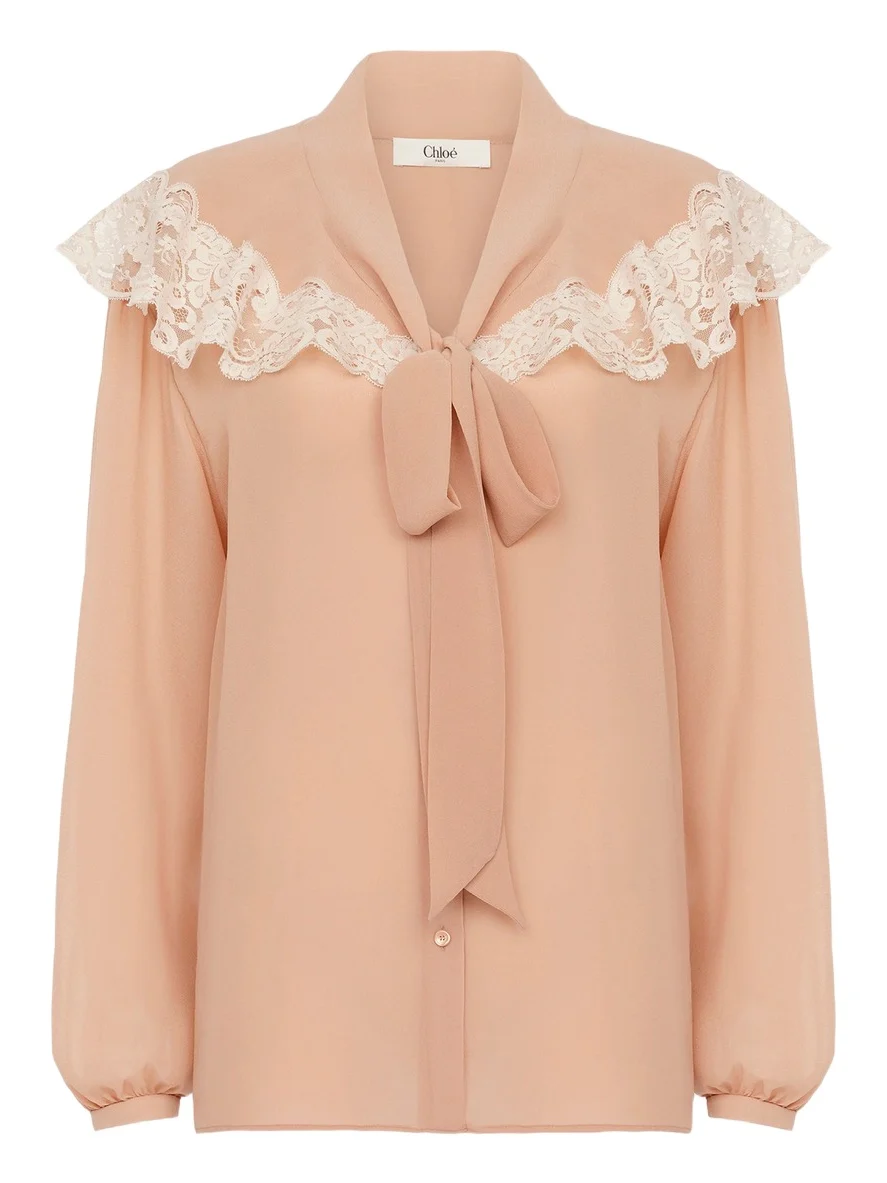 Tie-front gathered blouse in silk georgette & lace