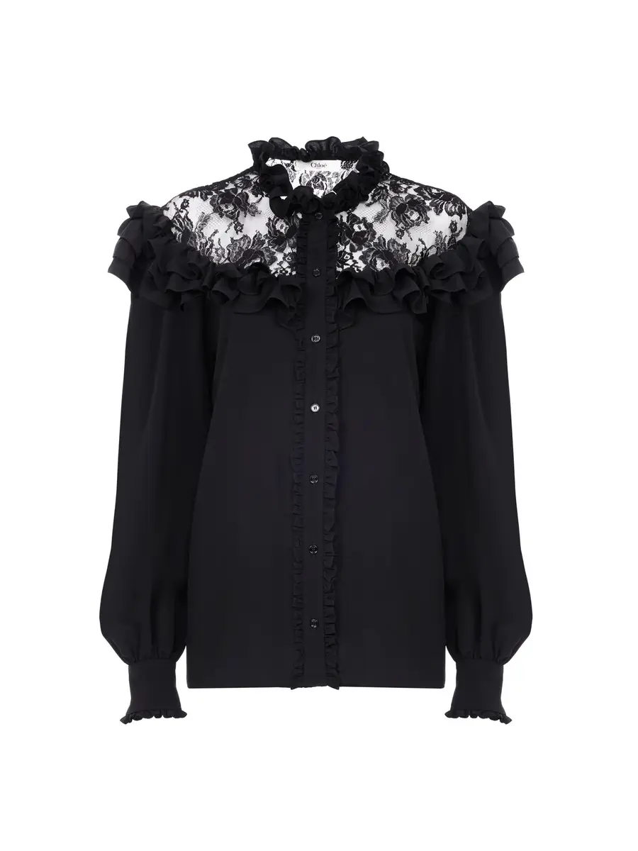Chloé High-neck ruffled blouse in crêpe de chine & lace | Thumbnail 2 Chloé High-neck ruffled blouse in crêpe de chine & lace | Thumbnail 2