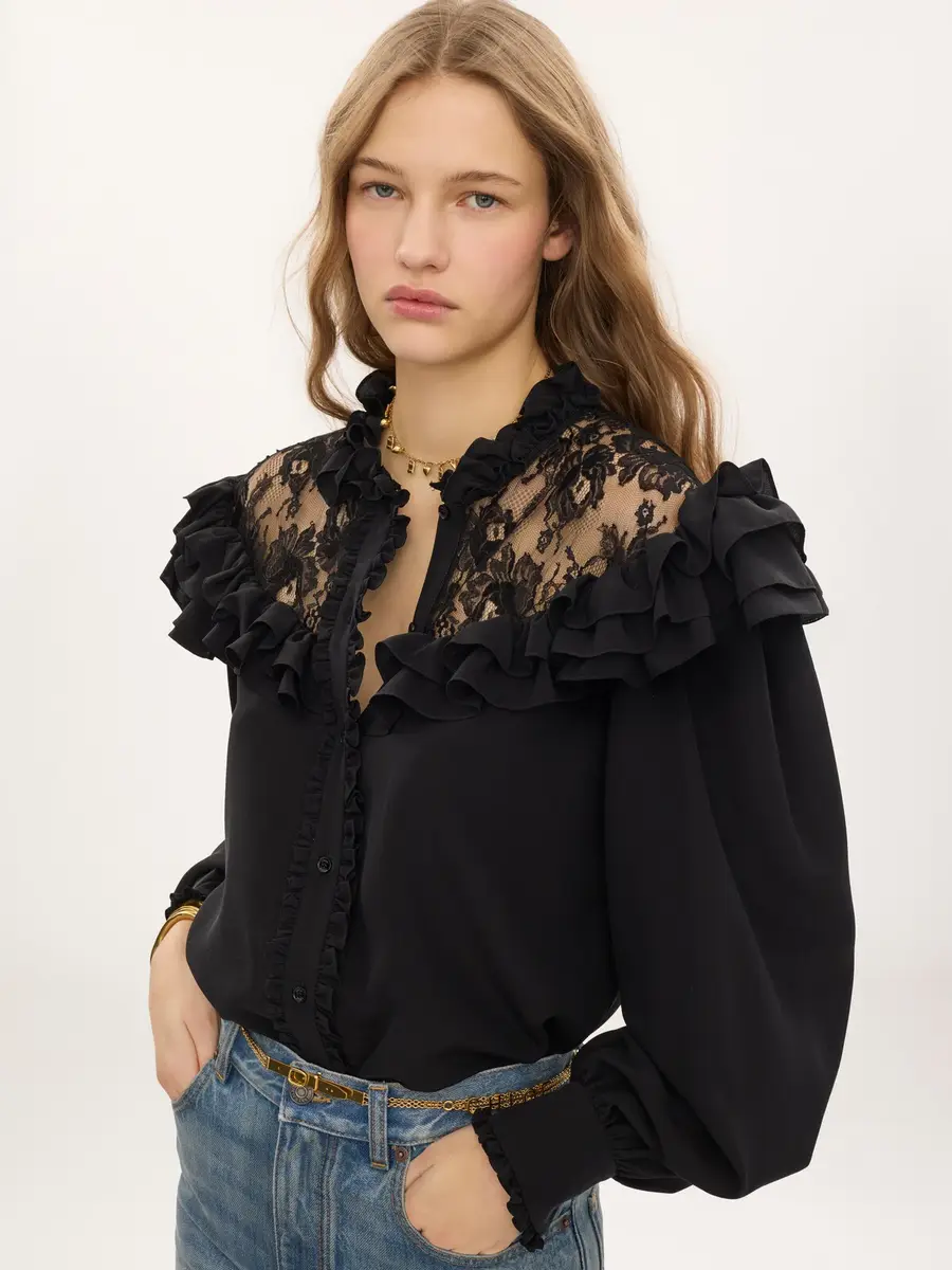 Chloé High-neck ruffled blouse in crêpe de chine & lace | Thumbnail 4 Chloé High-neck ruffled blouse in crêpe de chine & lace | Thumbnail 4