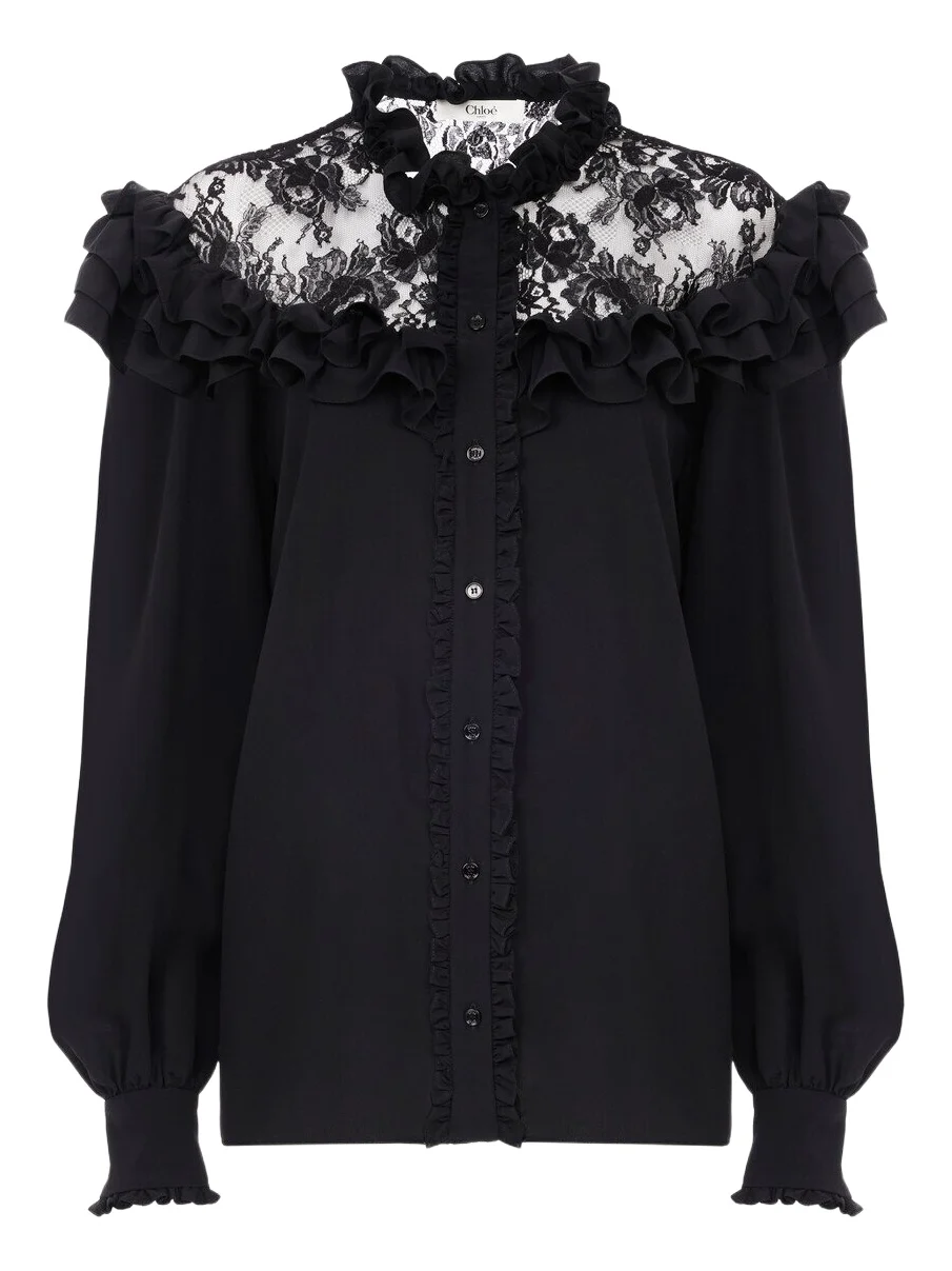 High-neck ruffled blouse in crêpe de chine & lace High-neck ruffled blouse in crêpe de chine & lace
