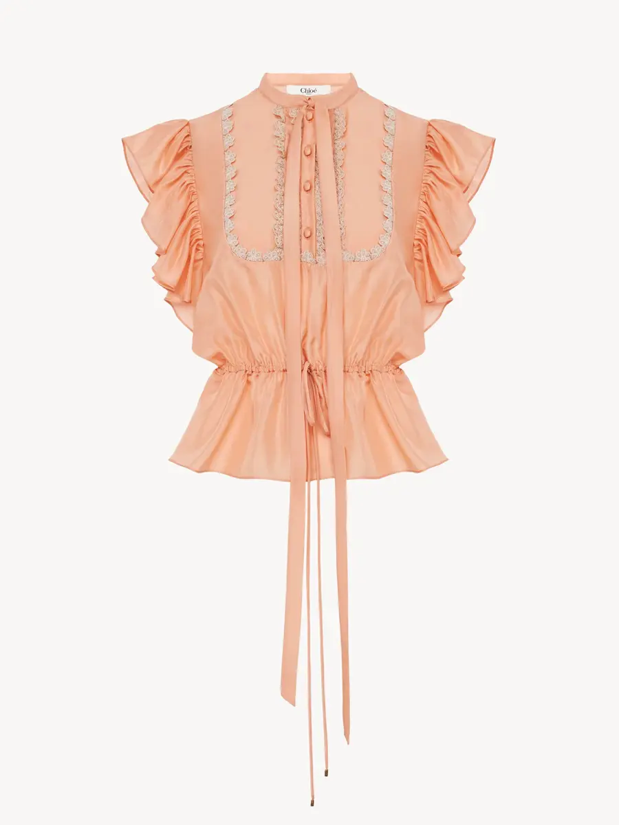 Chloé Short-sleeve ruffle top in washed silk habotai & lace | Thumbnail 2