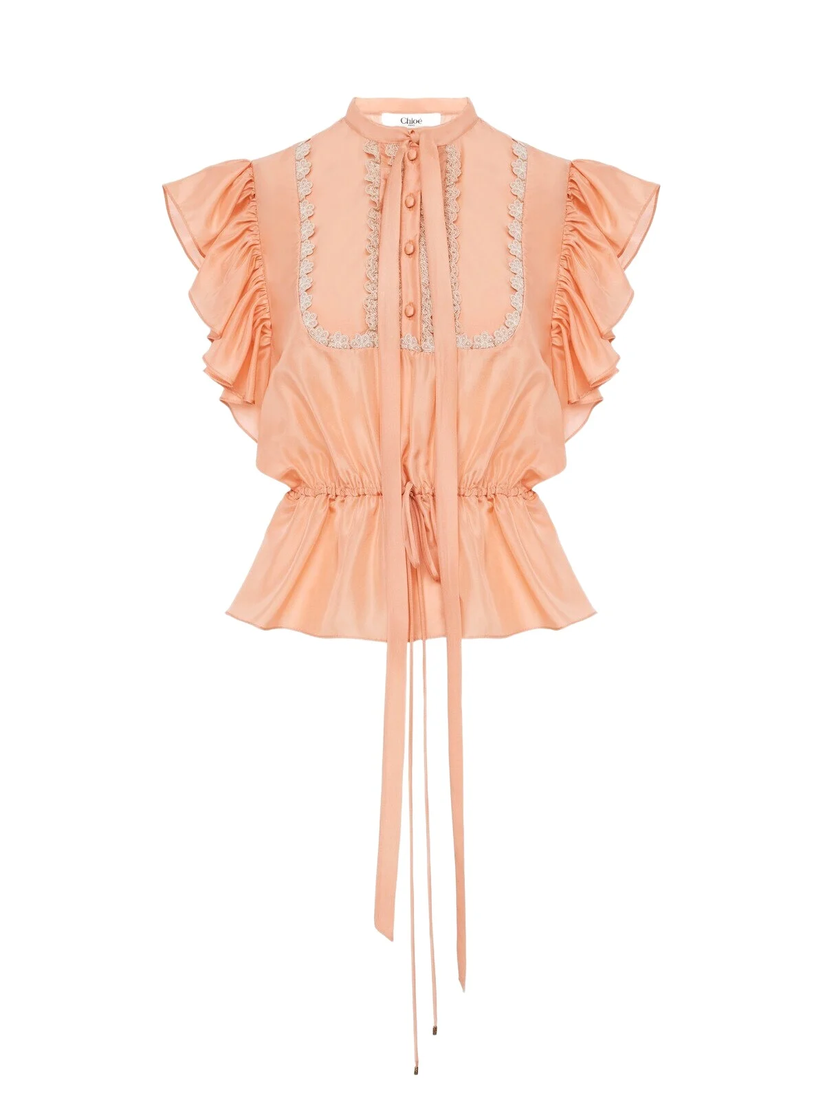 Chloé Short-sleeve ruffle top in washed silk habotai & lace