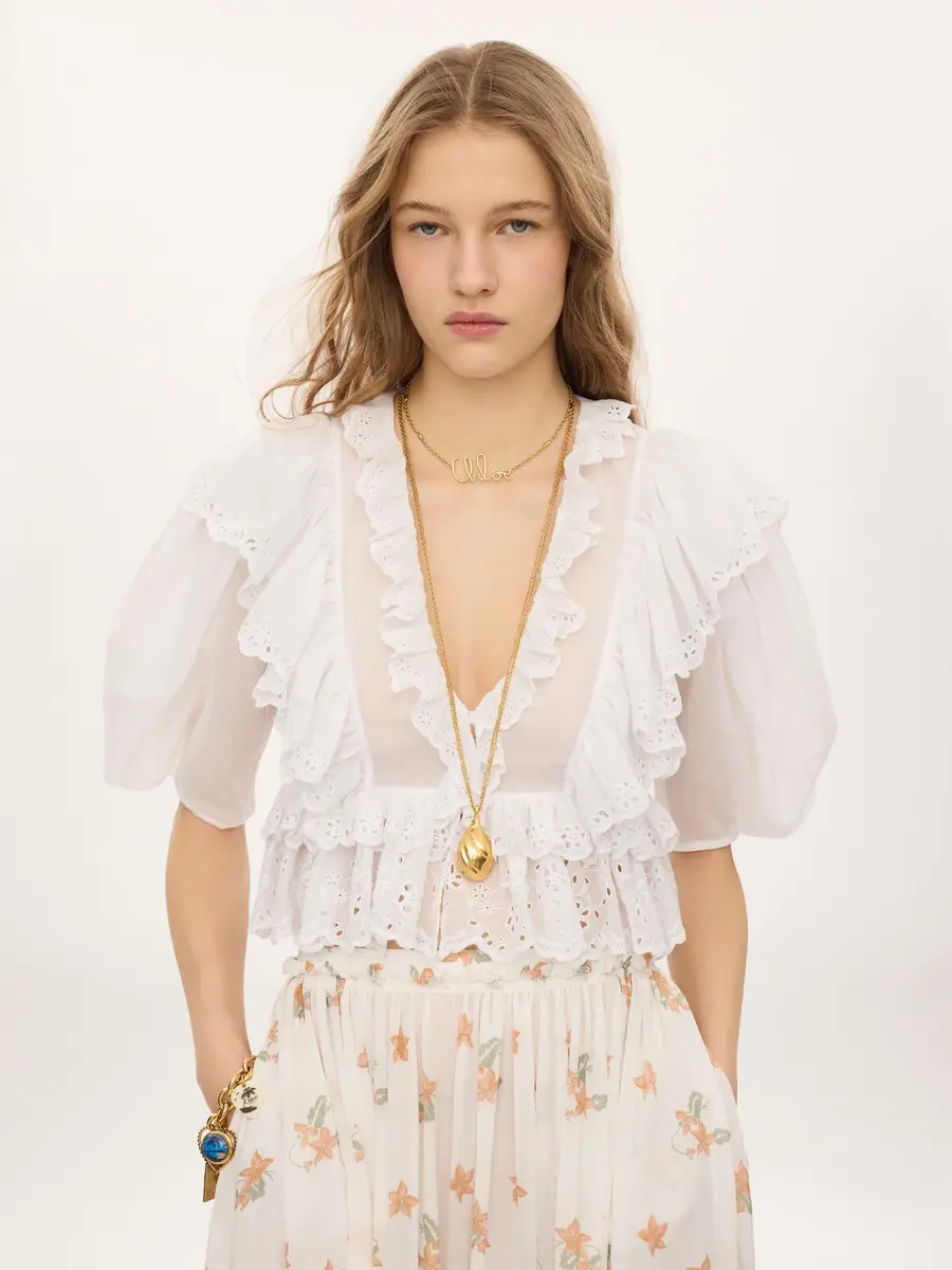 Chloé Cropped V-neck ruffle top in cotton voile | Thumbnail 4