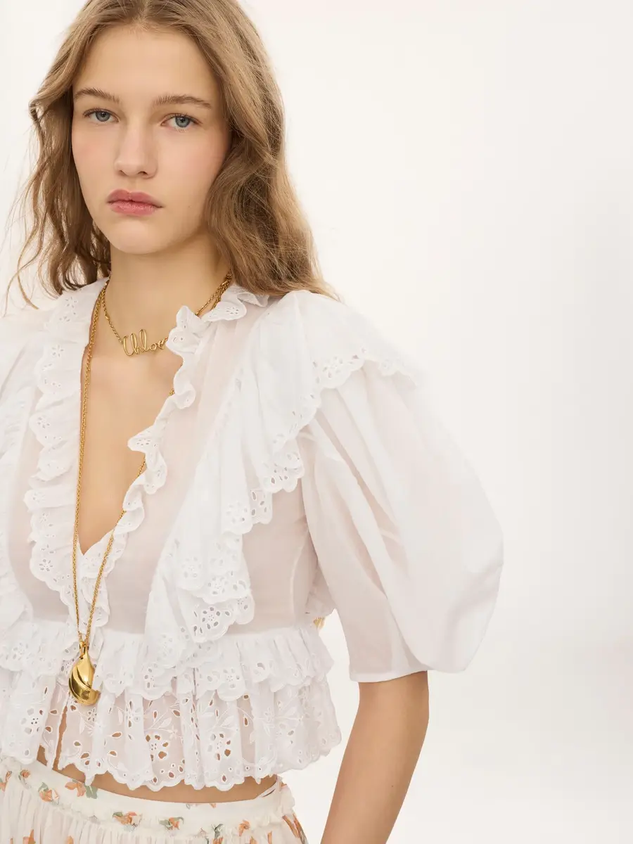 Chloé Cropped V-neck ruffle top in cotton voile | Thumbnail 6