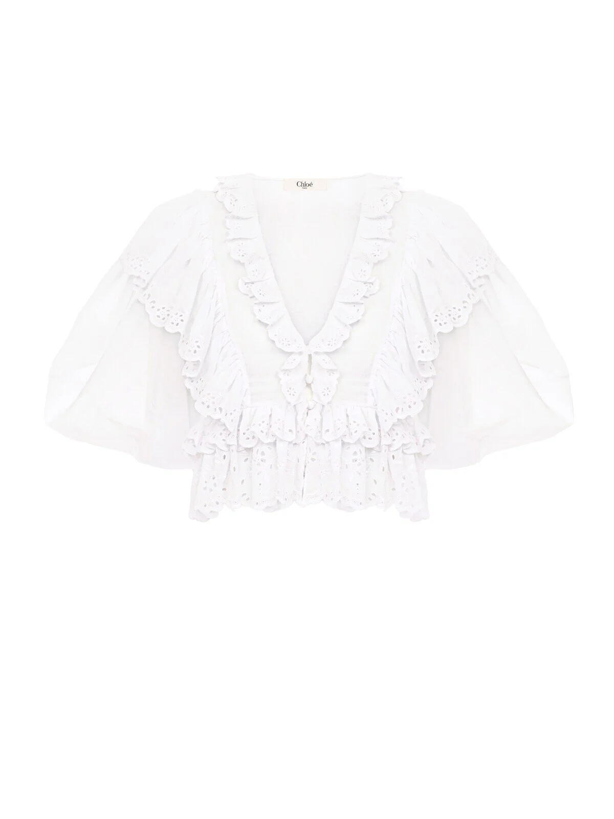 Chloé Cropped V-neck ruffle top in cotton voile