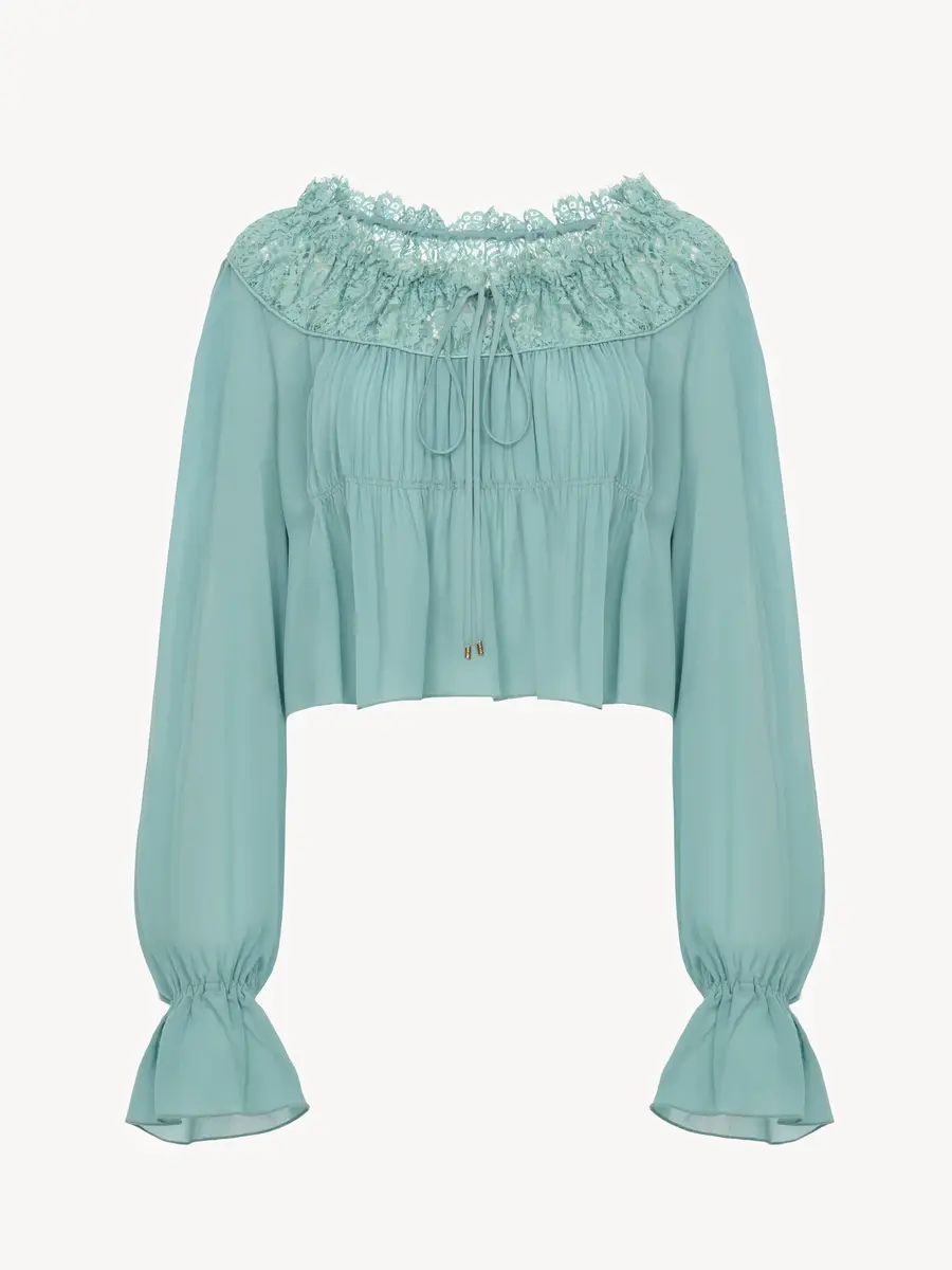 Chloé Scoop-neck cropped top in silk georgette & lace | Thumbnail 2 Chloé Scoop-neck cropped top in silk georgette & lace | Thumbnail 2