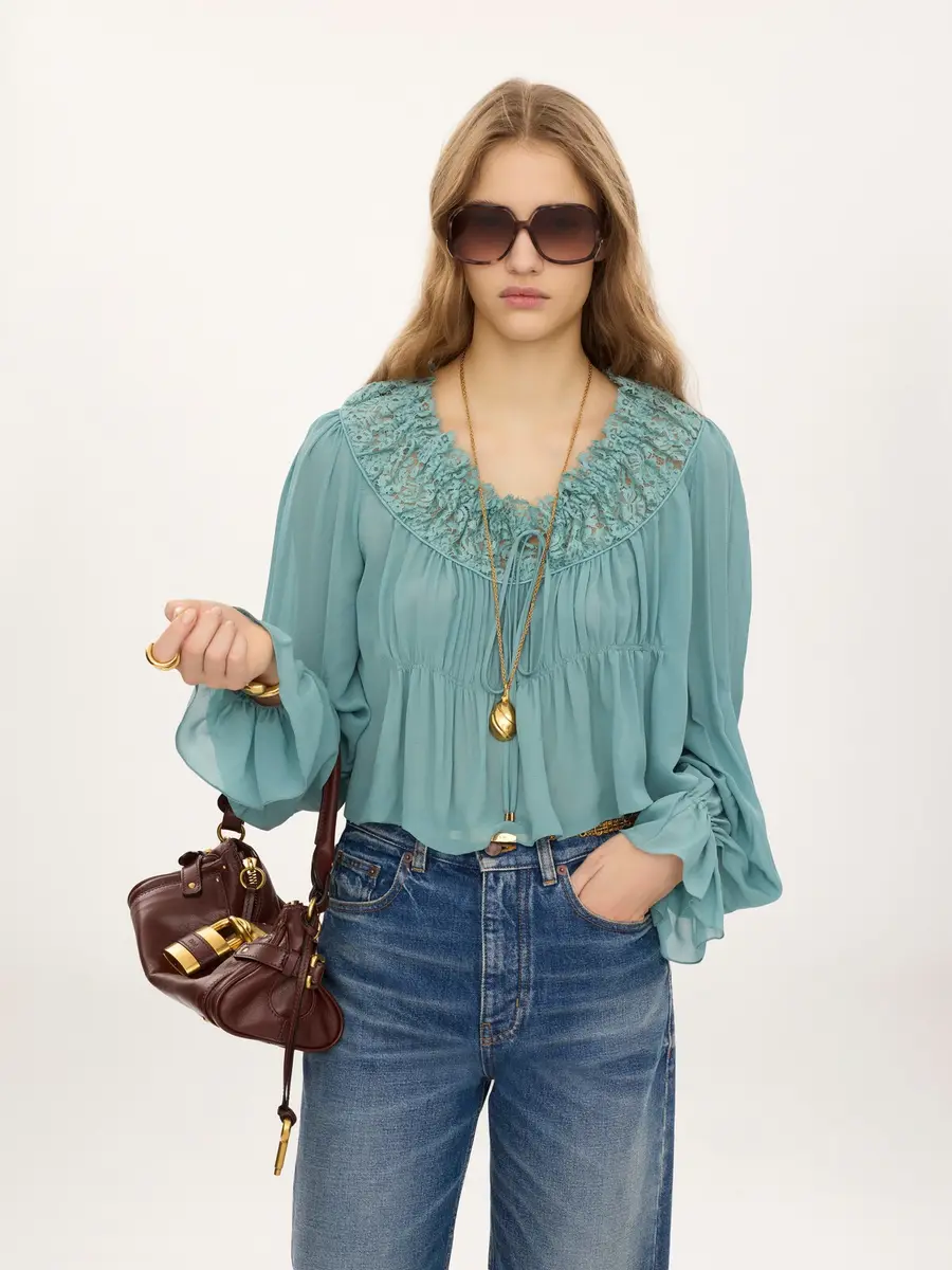 Chloé Scoop-neck cropped top in silk georgette & lace | Thumbnail 4 Chloé Scoop-neck cropped top in silk georgette & lace | Thumbnail 4