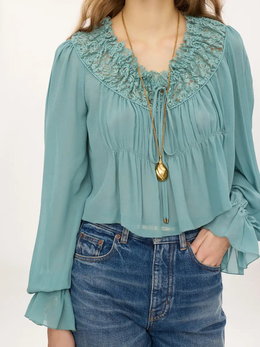 Chloé Scoop-neck cropped top in silk georgette & lace | Thumbnail 5 Chloé Scoop-neck cropped top in silk georgette & lace | Thumbnail 5