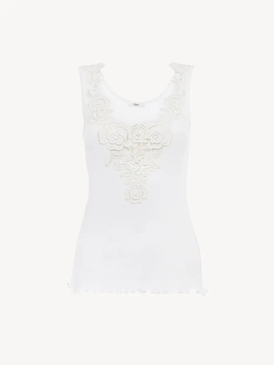 Chloé Fitted tank top in cotton jersey & guipure | Thumbnail 2 Chloé Fitted tank top in cotton jersey & guipure | Thumbnail 2