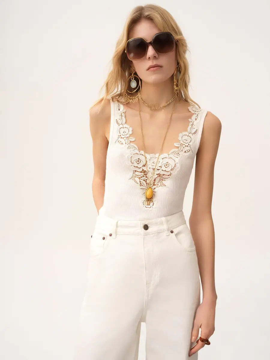 Chloé Fitted tank top in cotton jersey & guipure | Thumbnail 4 Chloé Fitted tank top in cotton jersey & guipure | Thumbnail 4