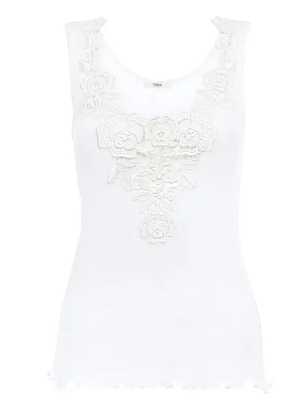 Fitted tank top in cotton jersey & guipure