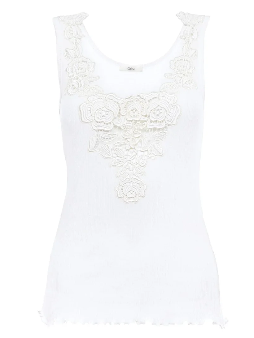Chloé Fitted tank top in cotton jersey & guipure