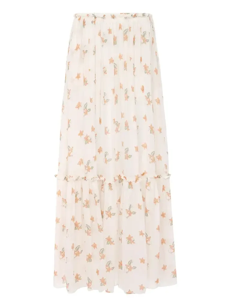 Gathered long skirt in silk charmeuse